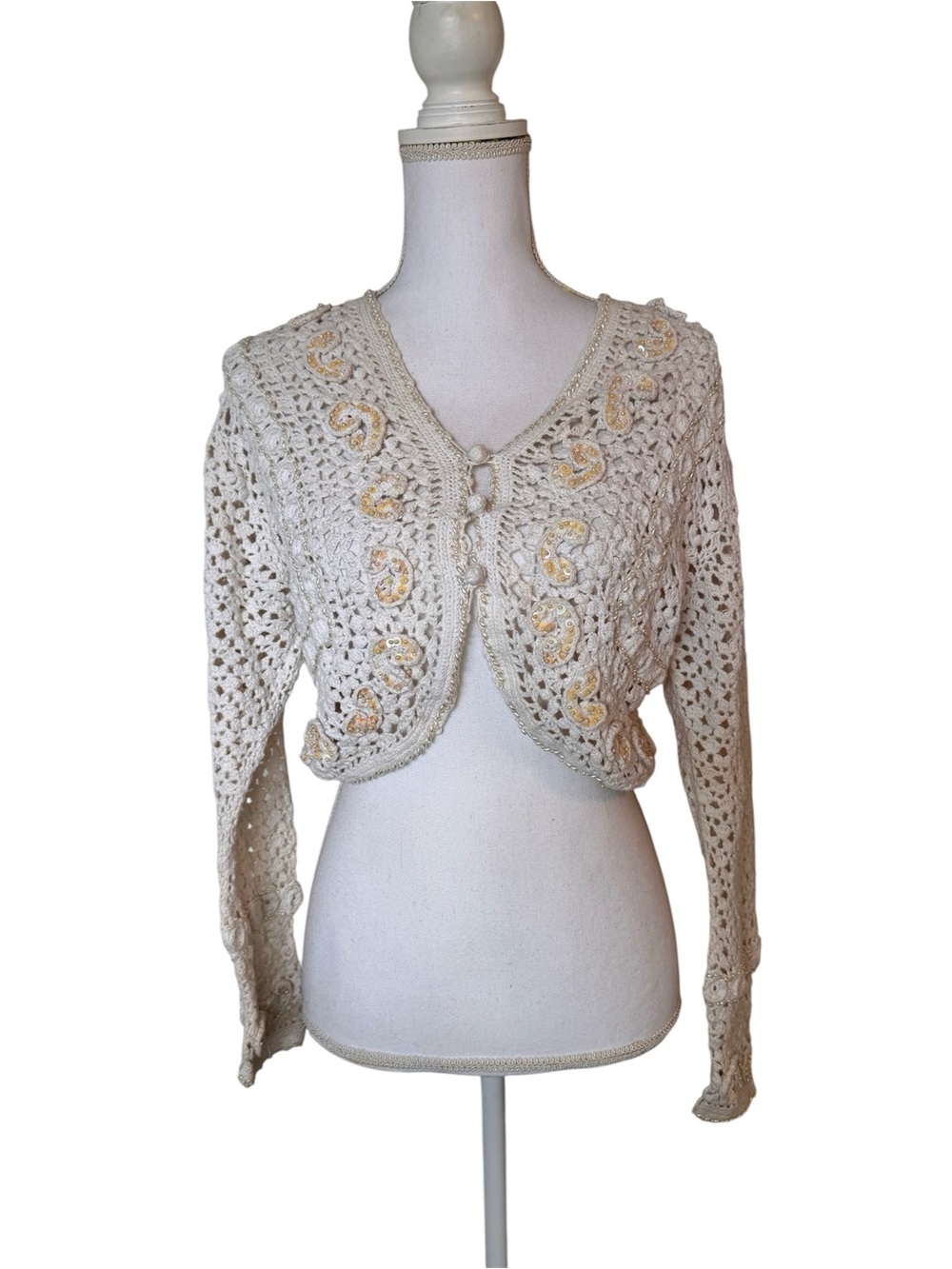 Vintage The Limited Crochet Cardigan Beaded Sequin Bolero Y2K Boho Ivory